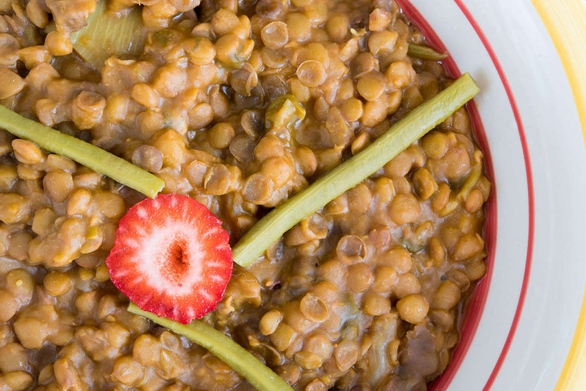 Cooked lentil soup in a bowl